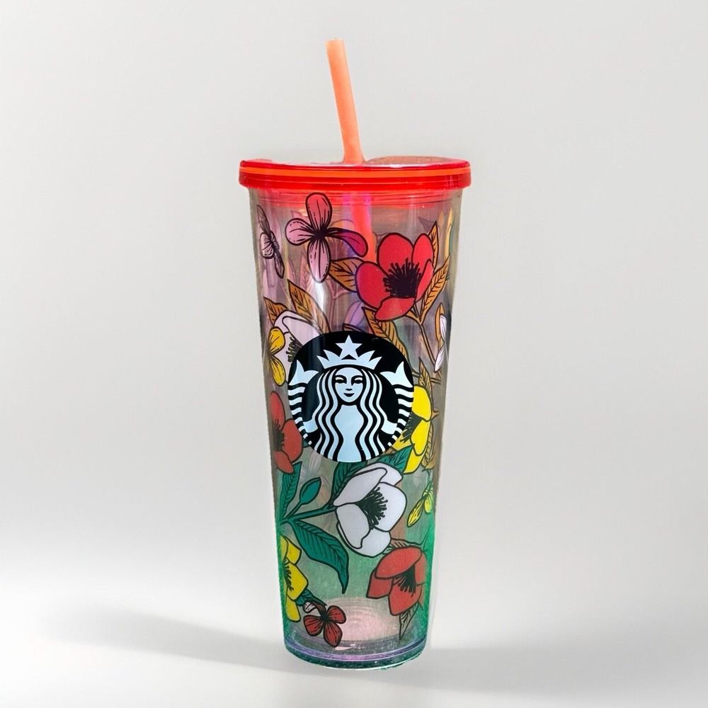 RARE Starbucks 24oz POPPY Flowers‎ Acrylic Cold Drink Cup Tumbler Red Yellow